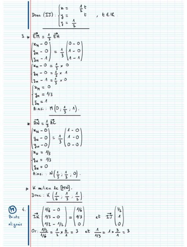 Vecteur droite et plan de l'espace exercice corrigé 4